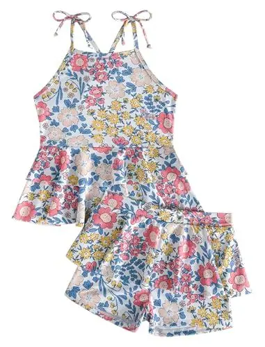 Produktbild: Odizli Badeanzug Mädchen Kinder Boho Hawaiian Blumen Ärmellos Spaghettiträger Rüschen Top + Badeshorts Badehose Tankini Zweiteiler Bademode Schwimmanzug Sommer Strandmode Gelb 11-12 Jahre