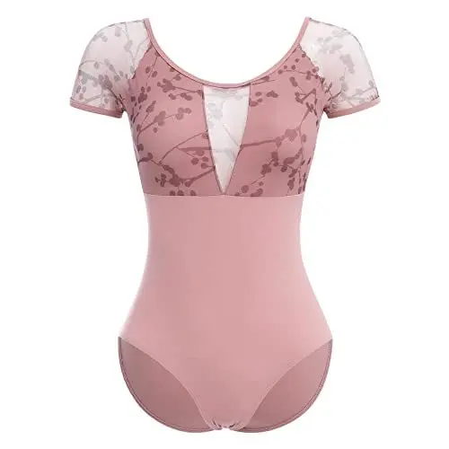 Produktbild: Ballettkleidung Damen Kurzarm Sexy Cut Out U-Rücken Elegant Blumendruck Body Bodysuit Ballett Trikot Tanzbody Ballettkleid Gymnastikanzug Ballettanzug Balletttrikot Tanzkleid Rosa S