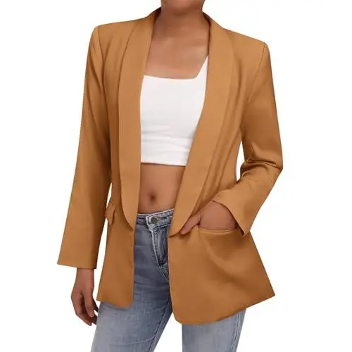 Produktbild: Odizli Blazer Damen Elegant Sportlich Jackett Lang Blaser Jacke Sweatblazer Sommer Leicht Jersey Oversize Longblazer mit Tasche Langarm Casual Cardigan Business Anzug Braun M