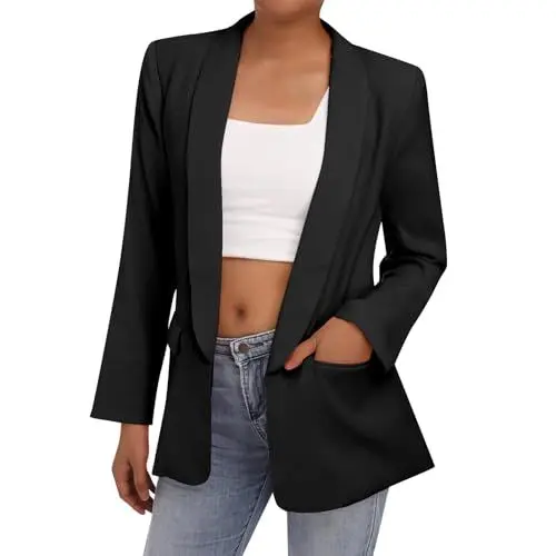 Produktbild: Odizli Blazer Damen Elegant Sportlich Jackett Lang Blaser Jacke Sweatblazer Sommer Leicht Jersey Oversize Longblazer mit Tasche Langarm Casual Cardigan Business Anzug Schwarz M