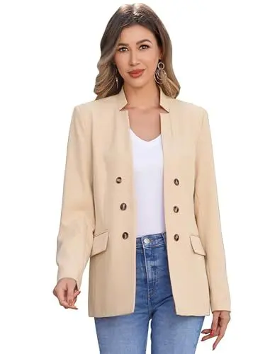 Produktbild: ODIZLI Blazer Damen Elegant Sportlich Jackett Stehkragen Knopf Lang Blaser Jacke Sweatblazer Sommer Leicht Jersey Oversize Longblazer mit Tasche Langarm Casual Cardigan Business Anzug Khaki L