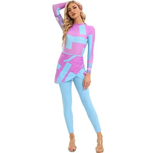 Produktbild: Odizli Burkini Damen Muslim Frauen Muslimische Badeanzug Islamische Langarm Body+Badehose+Wickelrock Pareo Sarong Tuch Strandrock Schwimmanzug Modest Bademode Sommer Lang Surfanzug Rosa Blau 3PCS XXL
