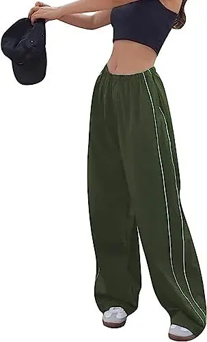 Produktbild: Odizli Cargohose Damen Baggy High Waist Y2K 2000er Cargo Fallschirm Hose Parachute Track Pants Frauen Hip Hop Fallschirmhose Jogginghose Trackpants Teenager Mädchen Streetwear mit Taschen Grün L