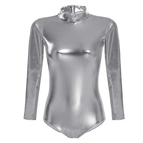 Produktbild: Odizli Damen Langarm Leder Lack Body Catsuit Wetlook Gymnastikanzug Top Ballett Trikot Turnanzug Ballettanzug Ballettkleidung Glänzende Metallic Einteiler Sport Ballettbody Oberteile Kostüm Grau XS