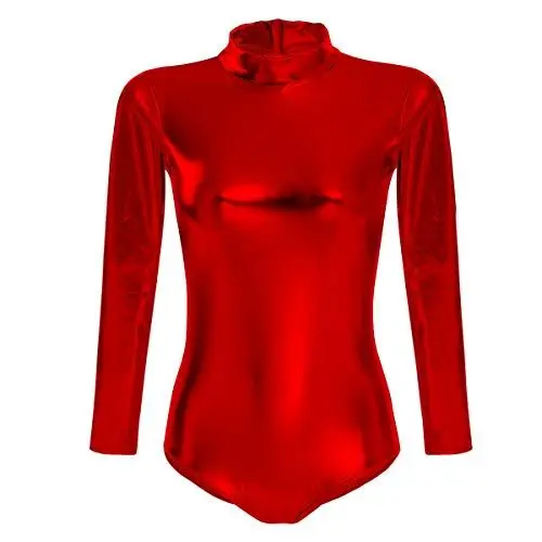 Produktbild: Odizli Damen Langarm Leder Lack Body Catsuit Wetlook Gymnastikanzug Top Ballett Trikot Turnanzug Ballettanzug Ballettkleidung Glänzende Metallic Einteiler Sport Ballettbody Oberteile Kostüm Rot XL