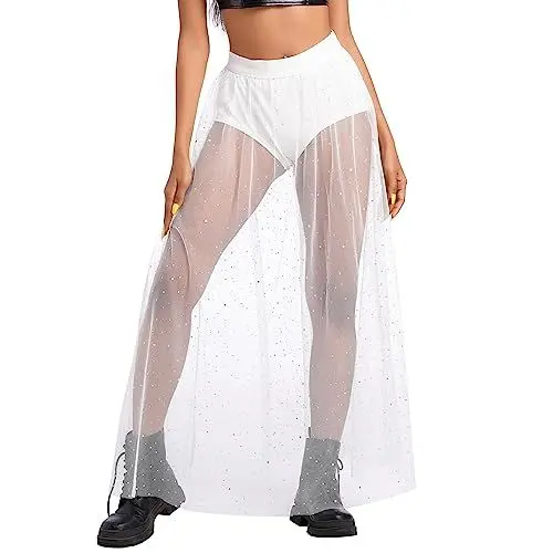 Produktbild: Odizli Festival Outfit Damen Rave Techno Sexy 2 in 1 Transparent Mesh Rock Shorts High Waist Maxirock Y2K Glitzer Dot Pailletten Gothic Tüllrock Party Streetwear Clubwear Weiß Silber M