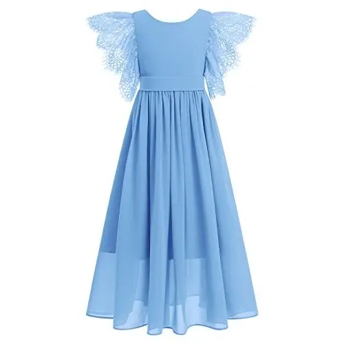 Produktbild: Odizli Festliches Kleid Mädchen Kinder Hochzeit Blumenmädchenkleider Boho Spitze Rüschen Kurzarm Prinzessin Chiffon Kommunionkleid Erstkommunion Kleid Lang Ballkleid Abendkleid Blau 11-12 Jahre