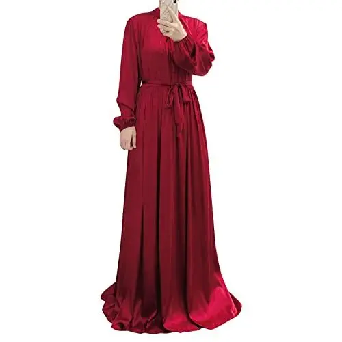 Produktbild: Odizli Gebetskleidung für Frauen Islam Muslimische Kleider Damen Langarm Satin Maxikleid Türkische Namaz Elbisesi Jilbab Khimar Abaya Burka Ganzkörper Kaftan Ramadan Lang Gebetskleid Weinrot XL