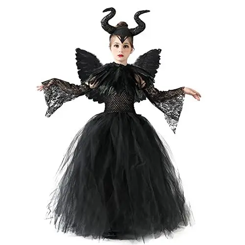 Produktbild: Odizli Halloween Kostüm Kinder Mädchen Maleficent Teufel Hexenkostüm Gestrickte Tüllkleid Festkleid Engelsflügel Hörner Teufelshörner Karneval Party Cosplay Faschingskostüme Schwarz Grün 4-5 Jahre