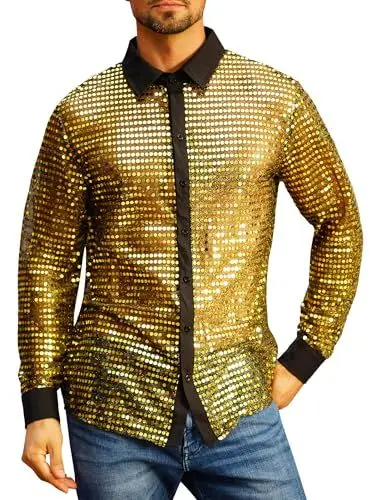 Produktbild: Odizli Herren Glitzer Pailletten 70er 80er Jahre Hippie Langarm Hemd Glitzerhemd Silvester Party Schlager Mottoparty Oberteil Disco Festival Outfit Karneval Abba Kostüm Faschingskostüme Gold XXL