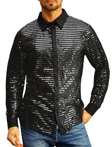 Produktbild: Odizli Herren Glitzer Pailletten 70er 80er Jahre Hippie Langarm Hemd Glitzerhemd Silvester Party Schlager Mottoparty Oberteil Disco Festival Outfit Karneval Abba Kostüm Faschingskostüme Schwarz 3XL
