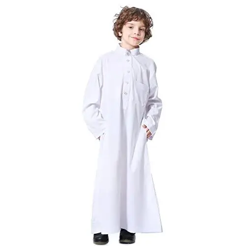 Produktbild: Odizli Kinder Jungen Kaftan Abaya Muslimische Kleider Arabische Islamische Kleidung Gebetskleidung Tunika Nachthemd Dubai Robe Langarm Button Down Lose Lang Thobe Weiß 11-12 Jahre