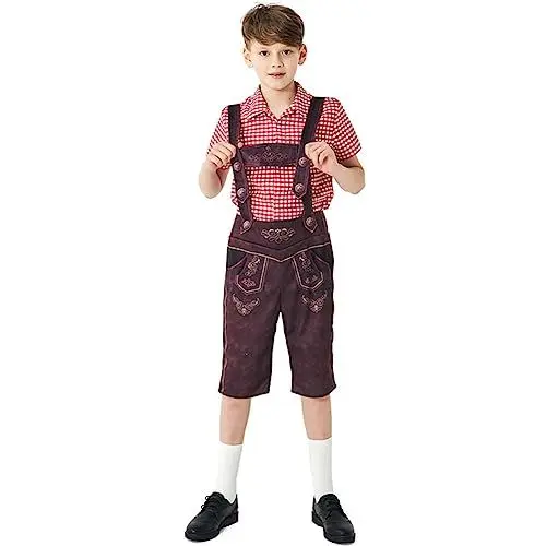 Produktbild: Odizli Kinder Jungen Kurzarm Gingham Hemd Trachtenhemd + Kurz Trachtenhosen + Trachtensocken Stockerpoint 3tlg Outfit Oktoberfest Halloween Karneval Cosplay Kostüm Rot 4-6 Jahre