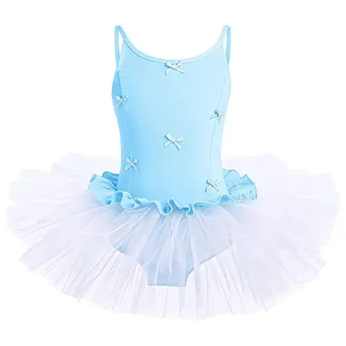 Produktbild: Odizli Kinder Mädchen Ballettkleidung Ärmellos Schlinge Bowknot Balettkleider Tanzbody Turnanzug Tanzkleid Gymnastikanzug Ballettanzug Tüll Tütü Balletttrikot Ballerina Kleider Blau 6-7 Jahre