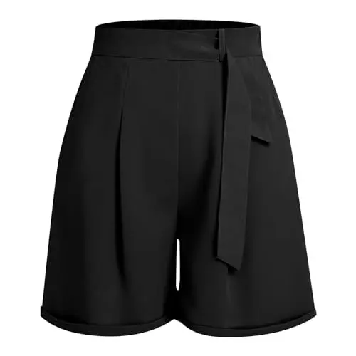 Produktbild: Odizli Kurze Hose Damen Sommer Elegant Schicke Elastische High Waist Bermuda Shorts Sommerhose Knielang Lockere Weite Breite Culottes Kurz Hosenrock Business Anzughose Damenshorts Schwarz M