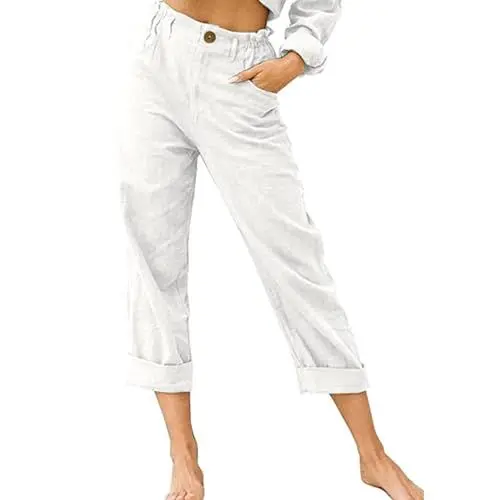 Produktbild: ODIZLI Leinenhose Damen Sommer Elegant Elastisch High Waist Straight Leg 7/8 Schlupfhose Baumwolle Leinen Lang Hose Leicht Bequeme Stoffhose Sommerhose Strandhose Freizeithose mit Taschen Weiß L