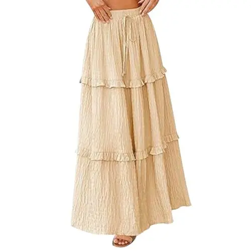 Produktbild: Odizli Maxirock Damen Lang Sommer Boho High Waist Elastische Sommerrock Elegant Rüsche A Linie Casual Langer Maxi Röcke Festival Strandrock Hosenrock Plisseerock Faltenrock Freizeitrock Aprikose M