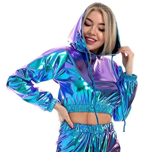 Produktbild: Odizli Metallic Oberteil Damen Glitzer Wetlook 80er 90er Jahre Kleidung Party Disco Festival Rave Outfit Hologramm Hip Hop Langarm Sweatshirt Hoodie Kurze Sweater mit Kapuze Clubwear Laser Blau L