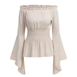 Produktbild: Odizli Mittelalter Kleidung Damen Gothic Steampunk Korsett Oberteil Schulterfrei Bluse Langarm Off Shoulder Top Viktorianisches Renaissance Wikinger Kostüm Halloween Karneval Faschingskostüme Beige L