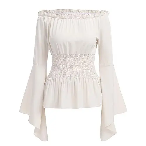 Produktbild: Odizli Mittelalter Kleidung Damen Gothic Steampunk Korsett Oberteil Schulterfrei Bluse Langarm Off Shoulder Top Viktorianisches Renaissance Wikinger Kostüm Halloween Karneval Faschingskostüme Weiß M