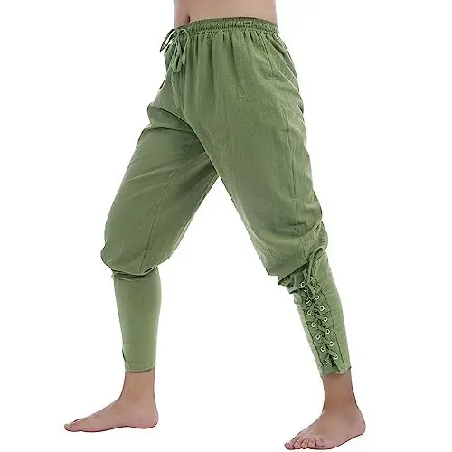Produktbild: Odizli Mittelalter Kleidung Herren Sommer Leinenhose Lang Wikinger Gothic Steampunk Renaissance Viktorianische Hosen Pirat Kostüm Piratenkostüm Halloween Karneval Cosplay Faschingskostüme Grün L