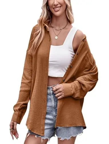 Produktbild: Odizli Musselin Bluse Damen Sommer Baumwolle Leinenbluse Elegant Langarm V-Ausschnitt Oversize Hemd Oberteile Longbluse Schlupfbluse Hemdbluse Hemdjacke Damenbluse Langarmshirt mit Tasche Braun L