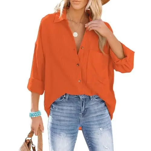 Produktbild: Odizli Musselin Bluse Damen Sommer Baumwolle Leinenhemd Elegant Langarm V-Ausschnitt Oversize Hemd Oberteile Longbluse Schlupfbluse Hemdbluse Hemdjacke Damenbluse Langarmshirt mit Tasche Orange M