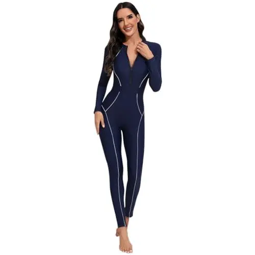Produktbild: IMEKIS Damen Ganzk?rper Rash Guard Badeanzug Langarm Tropische Einteilige Bademode Gepolsterte Bescheidene Schwimmenanzug UV UPF 50 Rei?Verschluss Surfen Badebekleidung Marineblau XL