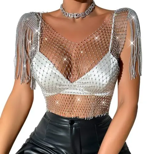 Produktbild: Odizli Netzoberteil Damen Sexy V-Ausschnitt Durchsichtiges Transparent Netz Glitzer Fransen Strass Mesh Oberteil Netzshirt Festival Rave Techno Outfit Frauen Crop Top Party Hip Hop Kleidung Silber S