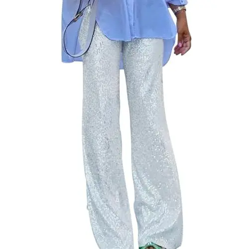 Produktbild: OBEEII Glitzer Hose Damen Pailettenhose Weites Bein Hose Elastische Taille Lose Fit Glitzerhosen Elegant Frauen Freizeithose Party Festival Club Mode Hosen Silber L