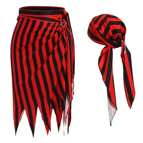 Produktbild: Odizli Piraten Rock Damen Frauen Streifen Wickelrock Piratenrock Kopftuch Accessoires Wikinger Piratenkost�m Halloween Karneval Faschingskost�me Rot Einheitsgr��e