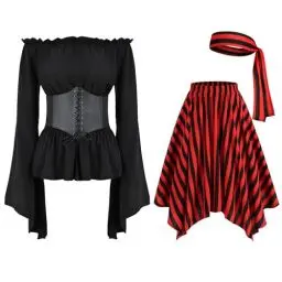 Produktbild: Odizli Piratenkost�m Damen Frauen Piraten Kost�m Off Shoulder Bluse Streifen Rock Korsett Corsage Kopftuch Zubeh�r Accessoires Wikinger Piratenkleid Halloween Karneval Faschingskost�me Schwarz L