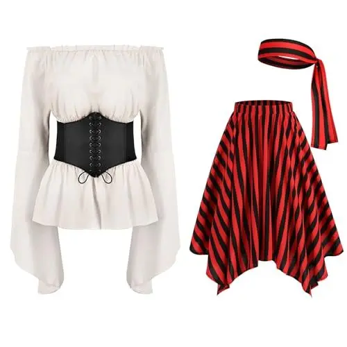 Produktbild: Odizli Piratenkost�m Damen Frauen Piraten Kost�m Off Shoulder Bluse Streifen Rock Korsett Corsage Kopftuch Zubeh�r Accessoires Wikinger Piratenkleid Halloween Karneval Faschingskost�me Wei� L