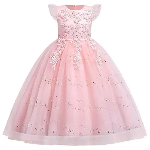 Produktbild: IBTOM CASTLE Flauschige Prinzessinnen Kleider Für Mädchen Blume Besticktes Hochzeitskleid mit Pailletten Festzug-Ballkleider Mädchen Kinder Festliche Bühnenshow Abendkleid Partykleid Rosa 6-7 Jahre