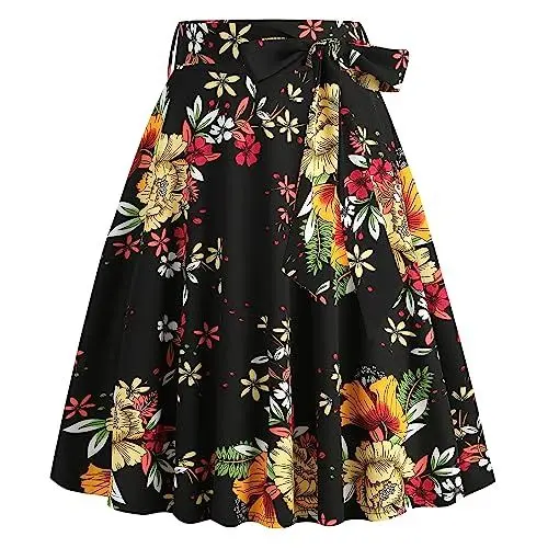 Produktbild: Rockabilly Rock Damen Vinatge 1950er Damenrock Sommer Knielang Retro Blumen Festliche Röck mit Gürtel Faltenrock Tellerrock Elastische Hohe Taille Swing Plissee A-Linie Glockenrock Schwarz + Gelb XXL