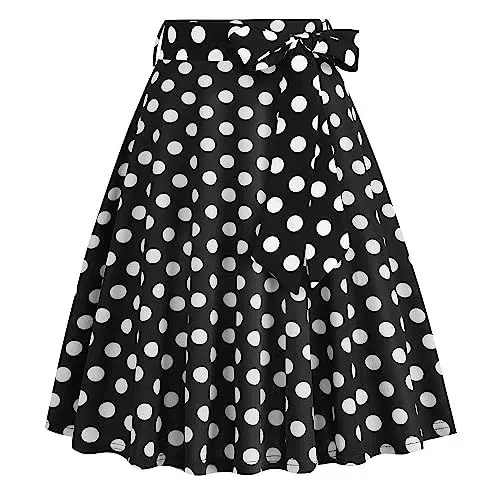 Produktbild: Rockabilly Rock Damen Vinatge 1950er Damenrock Sommer Knielang Retro Gepunktet Festliche Röck mit Gürtel Faltenrock Tellerrock Elastische Hohe Taille Swing Plissee A-Linie Glockenrock Schwarz XL