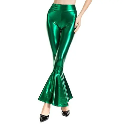 Produktbild: Odizli Schlaghose Damen 70er High Waist Leder Lack Wetlook Glitzer Metallic Locker Bootleg Baggy Skinny Elegant Flare Marlenehose Meerjungfrau Weite Hose Freizeithose Disco 80er Jahre Kleidung Grün L