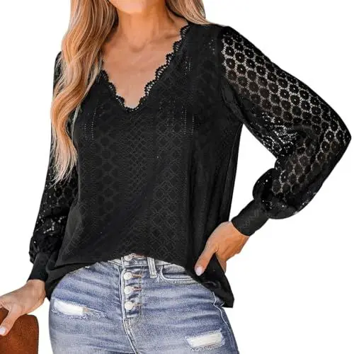 Produktbild: Odizli Spitzen Oberteile Damen Sommer Elegant Langarm V-Ausschnitt Blume Spitzentop Spitzenbluse Festliche Hochzeit Bluse Trachtenbluse Blusenshirt Blusentops Damenblusen Sommerblusen Schwarz XL