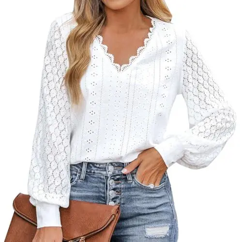 Produktbild: Odizli Spitzen Oberteile Damen Sommer Elegant Langarm V-Ausschnitt Blume Spitzentop Spitzenbluse Festliche Hochzeit Bluse Trachtenbluse Blusenshirt Blusentops Damenblusen Sommerblusen Weiß M
