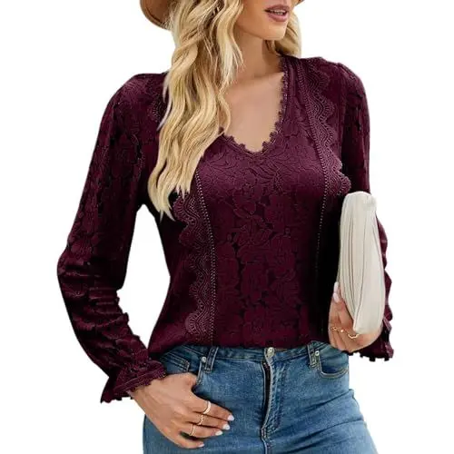 Produktbild: Odizli Spitzen Oberteile Damen Sommer Langarm V-Ausschnitt Spitzentop Spitzenbluse Festliche Hochzeit Bluse Trachtenbluse Blusenshirt Blusentops Damenblusen Sommerblusen Magenta XL
