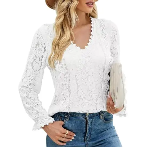 Produktbild: Odizli Spitzen Oberteile Damen Sommer Langarm V-Ausschnitt Spitzentop Spitzenbluse Festliche Hochzeit Bluse Trachtenbluse Blusenshirt Blusentops Damenblusen Sommerblusen Weiß XL