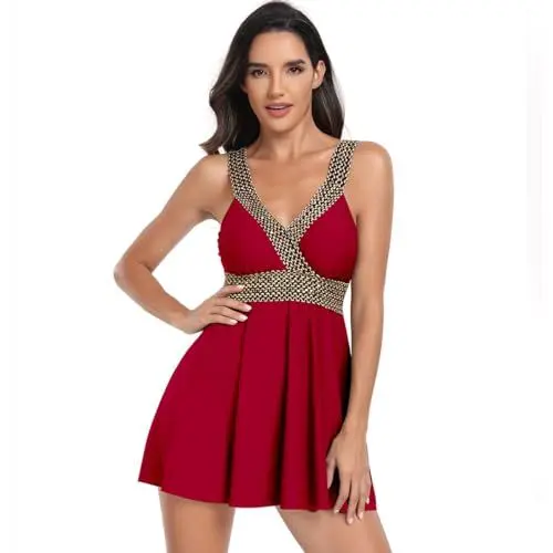Produktbild: Odizli Tankini Damen Bauchweg Sexy Spaghetti V-Ausschnitt Push Up Oberteil Badekleid Badeshorts Badeanzug mit Cups Rock Shorts Zweiteiler Set Sommer Bademode Strandmode Große Größen Weinrot XL