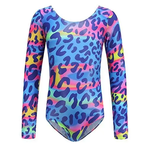 Produktbild: Odizli Turnanzug Mädchen Langarm Kinder U-Rücken Druck Gymnastikanzug Eiskunstlauf Ballett Trikot Body Leotard Tanzbody Ballettanzug Balletttrikot Ballerina Ballettkleidung Blau Leopard 5-6 Jahre
