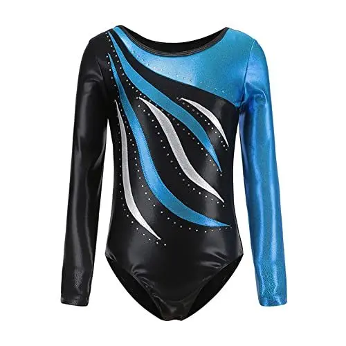 Produktbild: Odizli Turnanzug Mädchen Langarm Kinder U Rücken Strass Gymnastikanzug Ballett Trikot Body Leotard Tanzbody Ballettanzug Balletttrikot Eiskunstlauf Ballerina Ballettkleidung Blau 5-6 Jahre