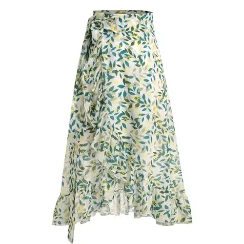 Produktbild: Odizli Wickelrock Damen Midi Rock Sommerrock Elegant High Waist Boho Blumen Chiffon Rüsche Vokuhila A-Linie Swing Midirock Faltenrock Sommer Festlich Hochzeit Hochzeitsgast Lang Röcke Gelbgrün L