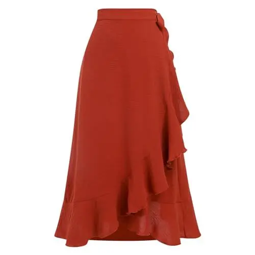 Produktbild: Odizli Wickelrock Damen Midi Rock Sommerrock Elegant High Waist Rüsche Vokuhila A-Linie Swing Midirock Faltenrock Sommer Lang Maxirock Festlich Hochzeit Hochzeitsgast Röcke Ziegelrot M