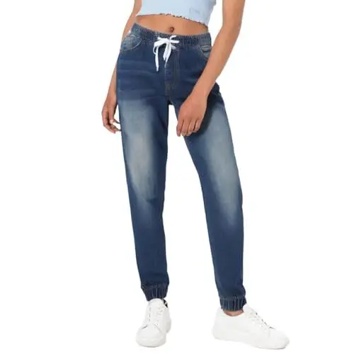 Produktbild: ODJOY-FAN Damen Jeans Denim Hose Jogginghose Jeanshose Stretchjeans Kordelzug Jeanshose mit Gummibund Gummizug bis Grosse Grössen Bequeme Sommer Damenjeans Baggy Jeans-Jeanshosen Trousers Schlagjeans