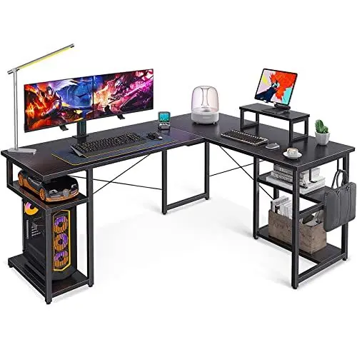 Produktbild: ODK Eckschreibtisch, Schreibtisch L Form mit Regal & Haken, PC Gaming Tisch mit Monitorständer, Schreibtisch für Arbeitszimmer und Homeoffice Schwarz 148×120 cm
