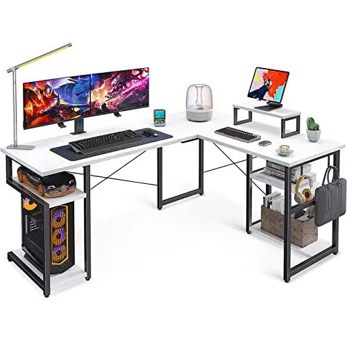 Produktbild: ODK Gaming Tisch mit Regal, Gaming Schreibtisch mit Monitorständer, Eckschreibtisch Weiß 148×120 cm