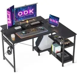 Produktbild: ODK Eckschreibtisch, Schreibtisch mit Regal Reversibel, Gaming Tisch L Form Schreibtisch mit Monitorständer, Computertisch PC Tisch Bürotisch für Heimbüro (Schwarz, 120x80x88cm)